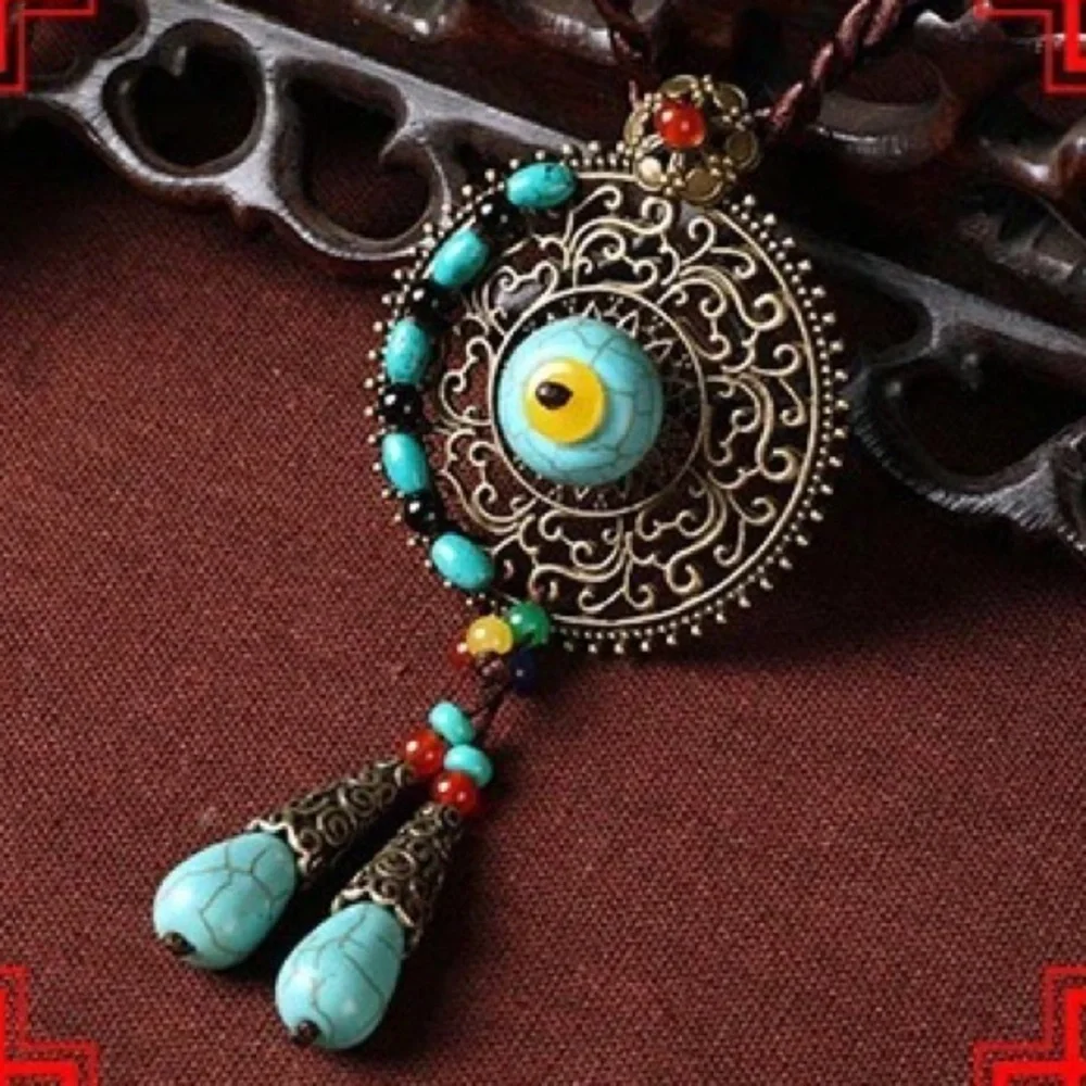 Set of Necklace and Earrings Bohemian Indian Braided Rope Dangle Blue Stone